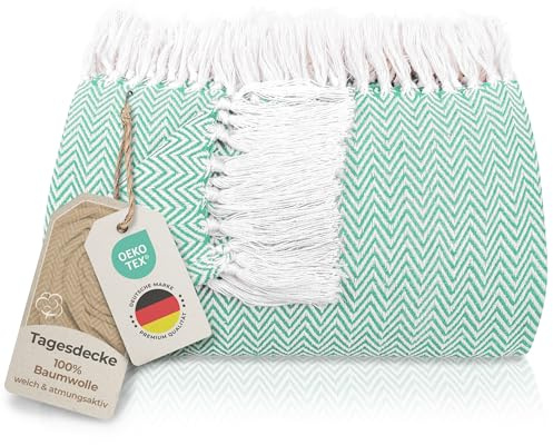 Gräfenstayn Premium Couvre-lit avec Franges - 100% Coton - 150 x 200 cm, Couverture d'été à Chevrons en Coton pour Le lit et Le canapé, Couvre-canapé & Couverture de canapé (Menthe)