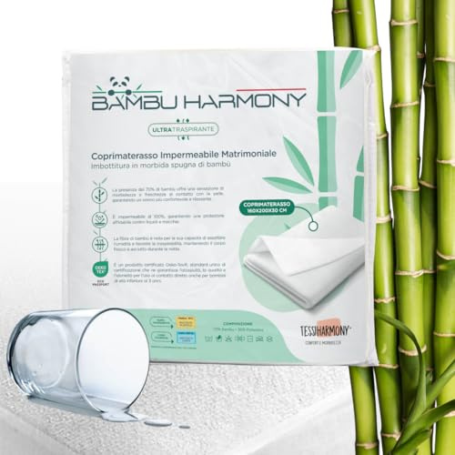 TESSIHARMONY Coprimaterasso Matrimoniale Impermeabile 160 x 200 Alto 30 cm Fibra di Bambù e spugna, Proteggi Materasso Antiacaro Anallergico e Traspirante lavabili, con Angoli tutto intorno Elastici