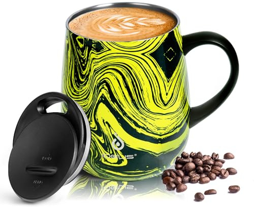 Ideus 460ml Insulated Coffee Mug with Lid and Handle (Yellow Zebra)
