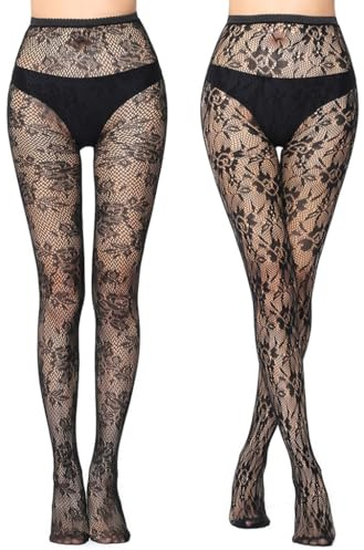 SERAPHY Collant Femme Fantaisie, Collants Bas Résille pour Femmes, Élastique Taille Haute Collant Fantaisie Femme Sexy-2 paires-fleurs