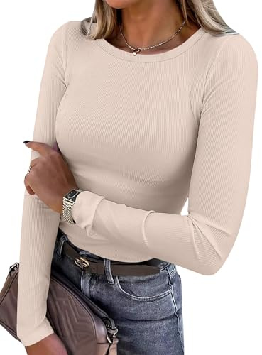 ANRABESS Women Long Sleeve Shirts Rib Knit Slim Fit Tops Basic Tee 2025 Fall Outfits Casual T-Shirt Underscrubs Layer Clothes Beige Small