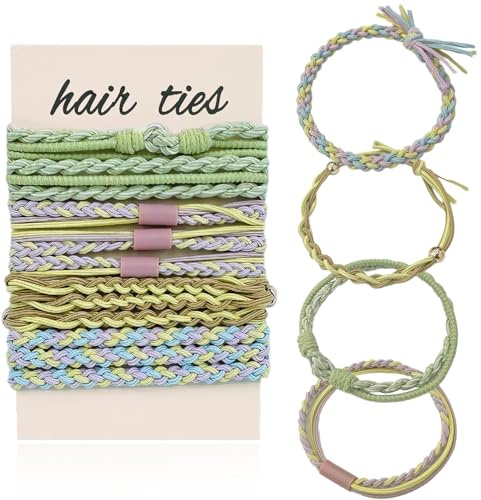 Paquete de 12 gomas para el pelo bohemias para mujeres y niñas, coleteros con gomas para el pelo de perlas (serie verde claro)