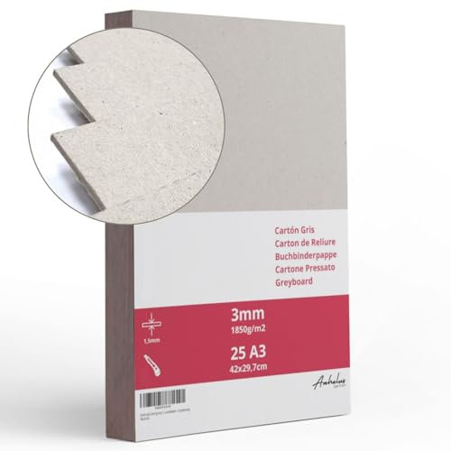 25 A3 Cartone Pressato 3mm di spessore - formato 42x29,7cm - Cartoncino per rilegatura A3 da 1850gsm/m2 - Cartone vegetale rigido per Modellismo, Scrapbooking, Artigianato e Copertine per rilegature