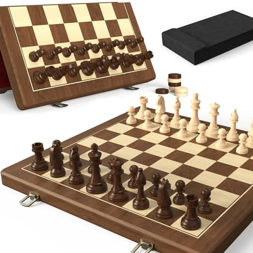 Premium Natural Walnut 15 Magnetic Wooden Folding Chess & Checkers Set- 2 in 1 Board Game with 3 King Staunton Pieces and 2 Extra Queens, Checkers, and Dust-Proof Storage Bag (Red)