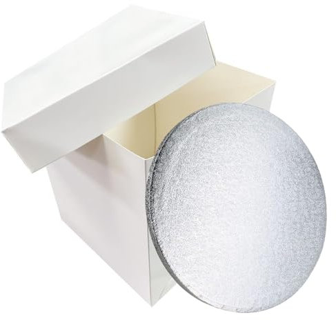 LARRYROO Tall White Cake Box Extra Deep & Silver Round Cake Drum Board Combo For High Celebration, Wedding, Birthday Cakes (8)