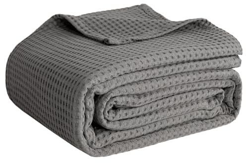 100% Cotton Blankets for Bed - Waffle Weave Blankets for Summer, Lightweight and Breathable Soft Woven Blanket for Spring (Dark Grey, Throw (50 x 60))