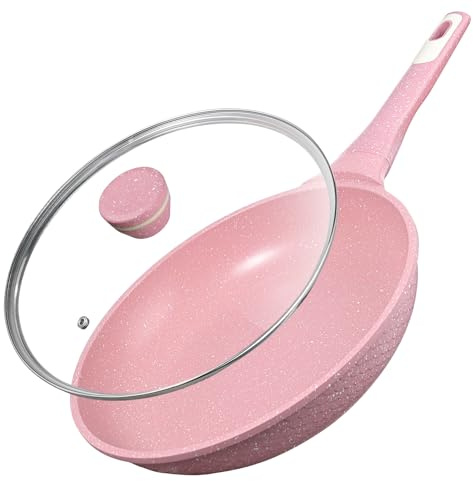 DYGG Sartén con tapa recubierta de 26 cm para todo tipo de cocinas, incluyendo inducción, rosa, sin grasa para freír, juego de sartenes, material granítico antiadherente, 100% libre de