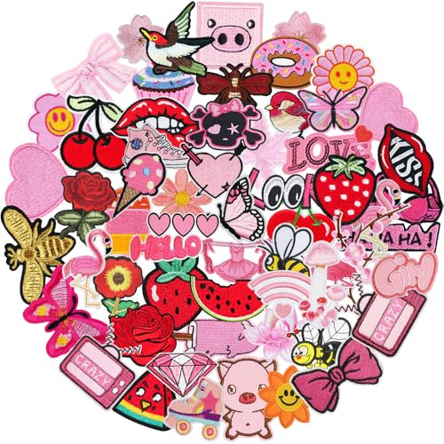 60 toppe rosa non casuali da applicare con ferro da stiro, stile assortito, rosa girl, tema Iron on/Sew on Patch ricamate per cucire o stirare su vestiti, vestiti, vestiti, zaini, giacche