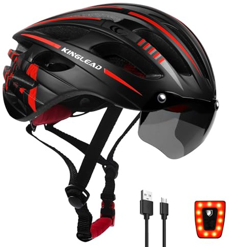 KINGLEAD Casco da bicicletta per uomo e donna, con lunetta magnetica e ricarica USB, luce LED, casco da bicicletta leggero e regolabile per ciclismo su strada e mountain bike, 54-58 cm