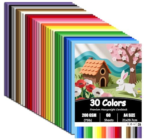 60 Sheets Coloured Card A4, 30 Assorted Colours, 200 g/m² Card Stock, Craft Card for Printing, Invitations, Scrapbook, Crafts, 21 x 29.7 cm