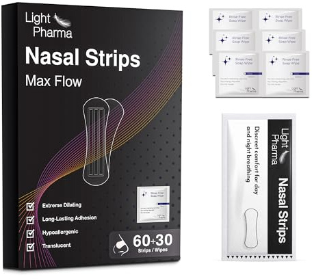 Light Pharma 60 Nasal Strips, Nose Tape for Day and Night Breathing, Translucent Nasal Strips with Rinse-Free Soap Towelettes, Firm Hold & Extreme Dilating, Reduce Snoring, Improve Breathing | 60 + 30
