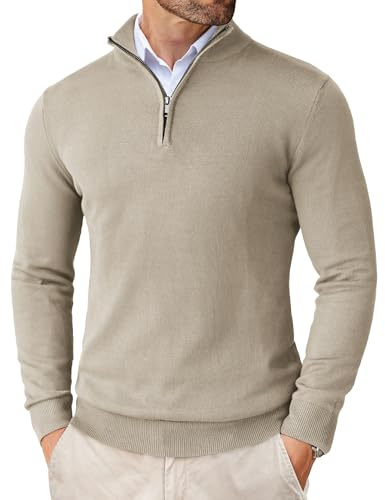 COOFANDY tröja herr 1/4 dragkedja hals polotröja turtleneck stickad tröja finstickad tröja vintertröja långärmad, kaki, L