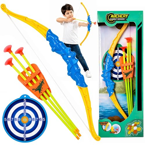 Kids Archery Set Bow and Arrow Toy with Suction Cup Arrows & Target Board, Indoor Outdoor Shooting Game, Safe Archery Toy for Boys & Girls Age 3+ Gift
