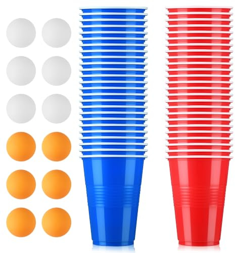 50 st Beer Pong-muggar Set, 500 ml återanvändbara Beer Pong-muggar med 12 pingisbollar för festlekar, födelsedag, festival, bröllop och camping - röd och blå