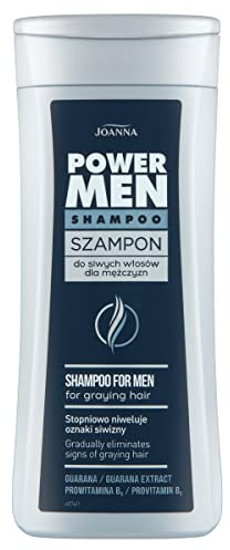 JOANNA Power Man Shampoo zur Entfernung Grauer Haare für Männer - Beseitigt Allmählich Anzeichen von Vergrauung - Guarana und Provitamin B5 - zum Systematischen Einsatz - Inhalt 200 ml