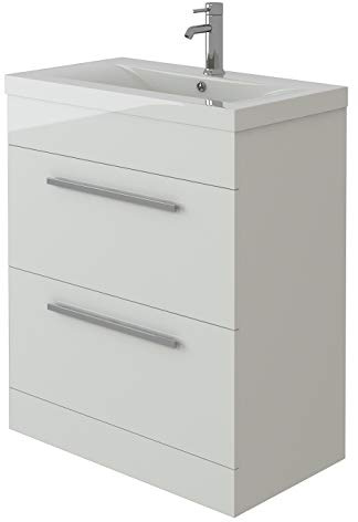VeeBath Venus 700 Vanity Unit, Mid Edge Wash Basin Bathroom Sink, Soft Close Drawer, Cloakroom Wall Mounted Storage Cabinet- White (Flat Pack)