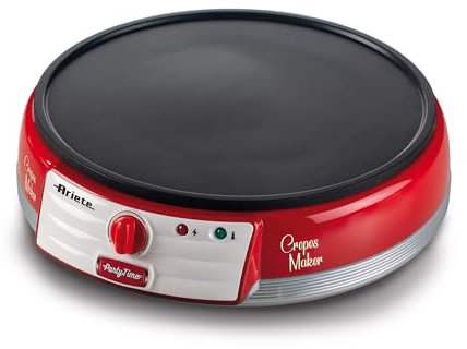 Ariete 202, Crepes Maker Party Time, plancha para crepes antiadherente, 2 espátulas de madera, recetario, 1000 W, rojo