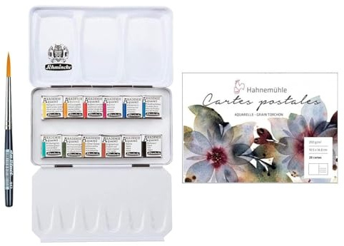 Schmincke Academy Boîte de peinture aquarelle en métal, 12 x 1/2 godets + bloc de cartes postales aquarelle Hahnemühle 10,5 x 14,8 cm avec mini pinceau Da Vinci
