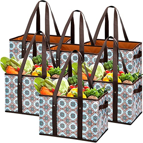 Foraineam 6 Pack Reusable Grocery Shopping Box Bags, Durable Heavy Duty Grocery Totes Bag with Reinforced Bottom, Collapsible Storage Bins with Straps And Handles