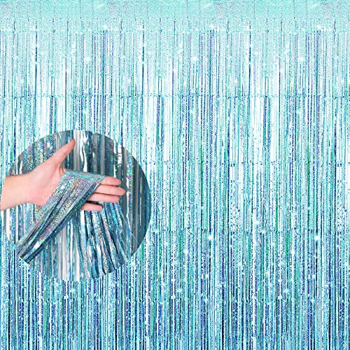 FuninCrea 2 Stück Folie Vorhänge 3.3ft x 6.6ft Weihnachtsdekoration Folie Vorhang Hintergrund geeignet für Hochzeit Geburtstag Weihnachtsfeier Dekorationen Zubehör (Hellblau)