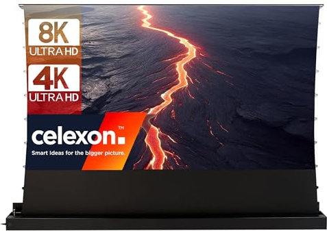 celexon HomeCinema Plus CLR UST Écran de Projection motorisé 100 Noir | 221x124 cm 16:9 | Écran encastrable et enroulement à Ciseaux au Sol 8K/Full HD pour projecteurs à Ultra-Courte focale