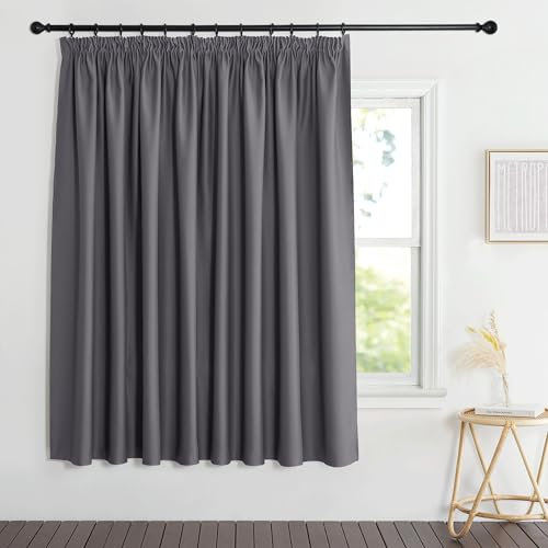 PONY DANCE Extra Wide Curtains with Ruffle Tape, Curtains for Living Room, Short Windows, Set of 1 Pack, H 175 x W 300 cm, Blackout Curtains Opaque Thermal Grey