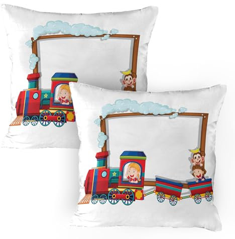 ABAKUHAUS AFFE Kissenbezug Packung mit 2, Frohe Kinder, die auf einen Karikatur-Zug mit einem lustigen AFFE-Kleinkind-Kindertuch-Thema Reisen, Gedruckter Kissenbezug, 80 x 80 cm, Mehrfarbig