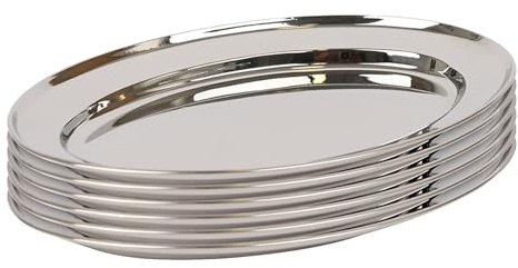Argon Tableware 30 x 20.5cm Serving Platters - 6 Pack - Stainless Steel Chrome Dinner Tray Oval Plate Small Appetizer Serving Dishes for Party, Events, Table Service, Snack Platters