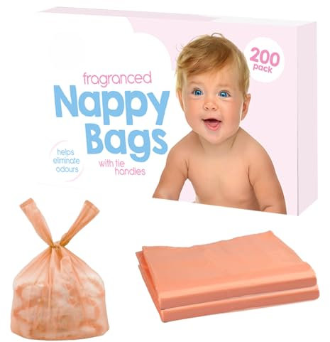 200 bolsas de pañales de colores con asas de amarre perfumadas para eliminar olores, duraderas y a prueba de fugas, ligeras y perfectas para bolsas de viaje para bebés