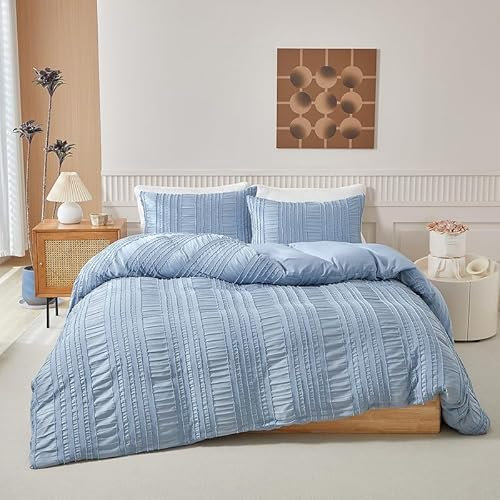 DXHOME Seersucker Juego de ropa de cama de 200 x 200 cm, color azul claro liso, reversible, de microfibra suave y transpirable, para verano, funda nórdica doble con cremallera y 2 fundas de almohada