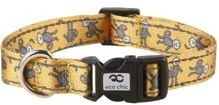 Eco Chic Recycled Reflective Dog Collar Soft Adjustable Pet Collar with Quick Release Buckle (Monkeys Mustard Small)
