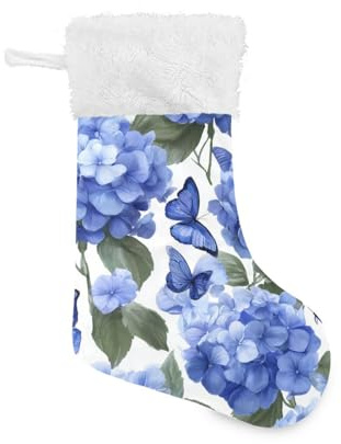 OTVEE Blue Hydrangea Flowers with Butterfy Christmas Stockings 2 Piece, 17.7 inches Velvet Hanging Decorations Stockings for Family Holiday Fireplace Xmas Tree Party