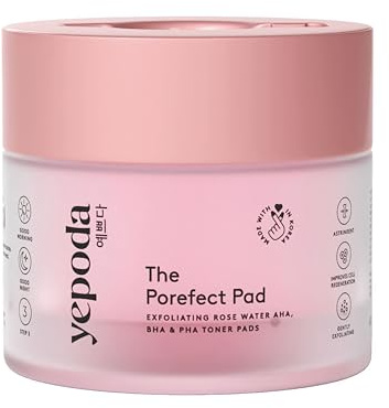 Yepoda The Porefect Pad, Exfoliating Rose Water AHA, BHA & PHA Toner Pads, Gently exfoliating & Pore Refining, Vegan Korean Toner-Pads for All Skin Types, 60 pcs / 120 ml