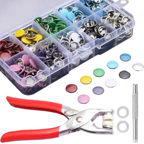 PLUSHCEWT 100 Sets Snap Button Fastener Kit,9.5mm Colorful Metal Press Studs nap Fasteners & Poppers with Pliers,No-Sew Press Studs for Clothing,Bags,DIY Crafts