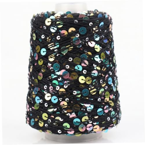 Filato con paillettes, Filato con paillettes per uncinetto da 200 g, Filati in cotone scintillante da 656 iarde con da 6 mm, Morbido e traspirante per lavorare a maglia, Nero - con paill