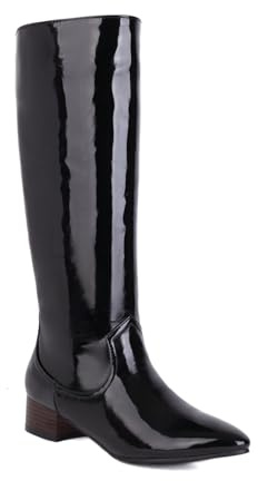 TNMIUH Stivali Alti Donna Vernice Effetto Tacco Largo Medio Stivale al Ginocchio Donna Punta Quadra A Appuntita Cerniera Moda Autunno Primavera - Nero Rosso,Nero,37 EU