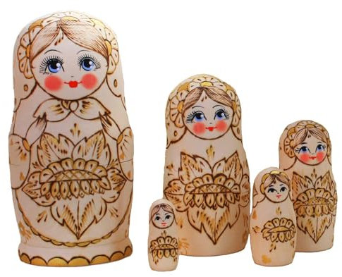 Semenowskaya Rospis Matroschka Babuschka Matryoshka Holz Figuren Sonnenblume 5 Puppen Holzbrandmahlerei
