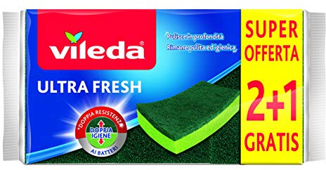 Vileda Ultra Fresh Spugna Abrasiva, Assorbente, Antigraffio, con Parte Fibrosa, Trattamento Antibatterico, Formato 2+1, Verde