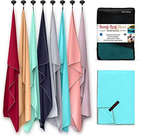 Snug Rug Mikrofiberhandduk, superabsorberande, snabbtorkande, lätt och kompakt resehandduk, antibakteriell handduk för simning, sport, resor, sandsäkra strandhanddukar, XL, 200 x 90 cm (kristall, havsblå)