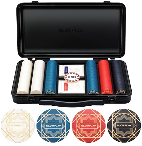 SLOWPLAY Nash Pokerset, 300 keramiska pokermarker [onumrerade] 39 mm | Texas Holdem Pokerfodral, Pokerset | med pokerkort, dealerknapp | 300 stycken värdelöst; premium PC-portfölj; keramiska kompositchips; art deco
