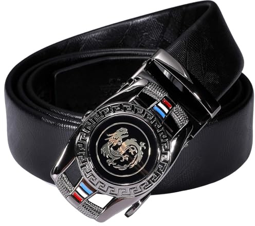 Barry.Wang Black Ratchet Belts for Men Dragon Designer Buckle Chinese Sliding Belt Large Leather Strap