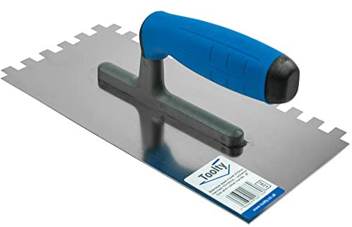 Toolty Notched Tiling Trowel - Stainless Steel - Non-Slip Rubber Handle - 10 x 10 mm Notch - 10.6 x 5.04 - for Applying Adhesives and Screeds