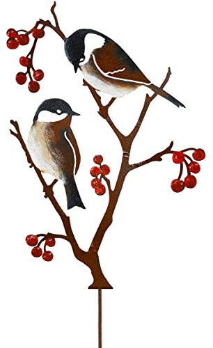 JYUECIAN Décoration de Jardin en métal pour Oiseaux, Mésanges et Baies, Oiseaux Peint, Statue de Jardin de Décor pour clôture extérieure Salon Balcon