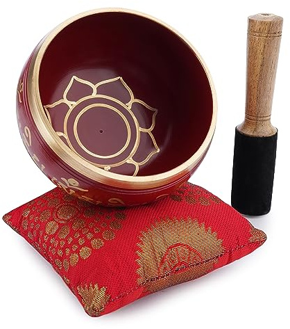 Ajuny Tibetan Singing Bowl Set - Handcrafted Meditation Brass Sound Bowl with Stick and Cushion for Yoga, Chakra Healing, Mindfulness and Stress Relief Spiritual Gifts - Gold Red
