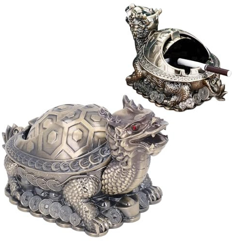 Tissting Vintage Aschenbecher mit Windfester Deckel, 20cm 3 Schlitze Bronze Zinklegierung Drachen Schildkröten Schreibtisch Deko Metall Aschenhalter für Büro Wohnzimmer Schlafzimmer