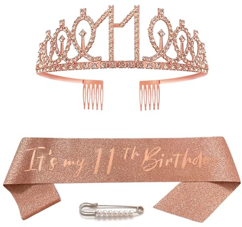 11. Geburtstag Schärpe Krone für Mädchen Roségold Kristall Queen Tiara Princess Crown 11th Birthday Schärpe 11. Geburtstagskrone Birthday Party Accessoires Geburtstagsdeko 11th Geburtstagsgeschenk