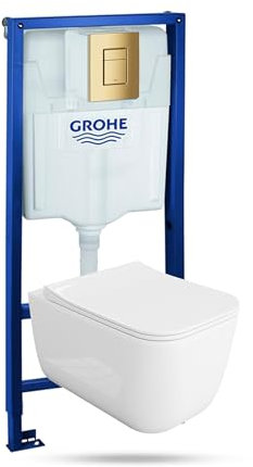 LAVITA | Vorwandelement Solido + Wand Hänge WC Shak Weiß Spülrandlos + WC-Sitz SoftClose | Goldener Knopf | Komplettset | Unterputz Spülkasten | Toilette Komplett Sett |