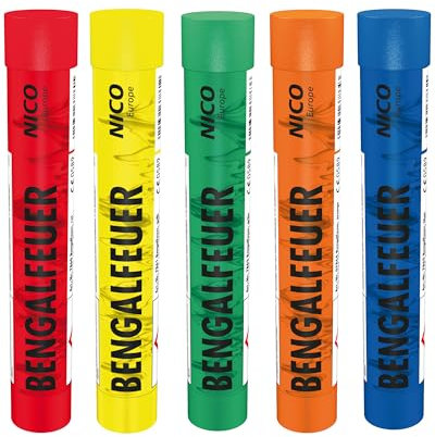 Bengalfeuer Mix 5 Stück je 1x in Rot Blau Gelb Grün Orange von NICO Europe mit Anhänger