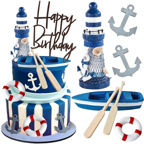 YGCHEN Decorazioni Torta Nautico Topper per Torta Miniatura Faro Barche Ancore Anello di Salvataggio Figure Torte Happy Birthday Cake Topper Navigazione Tema Feste di Compleanno Topper Torta 9 Pezzi