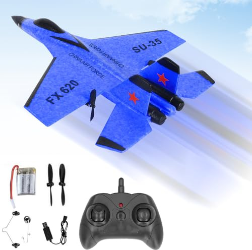 YANGUN Remote Control Plane, Remote Control Wireless Airplane Toy, RC Planes Ready To Fly, SU-35 Foam RC Planes 2CH 2.4Ghz RCPlane with LED Light Strip,RC GliderPlane for Kids Beginners Adult (Blue)